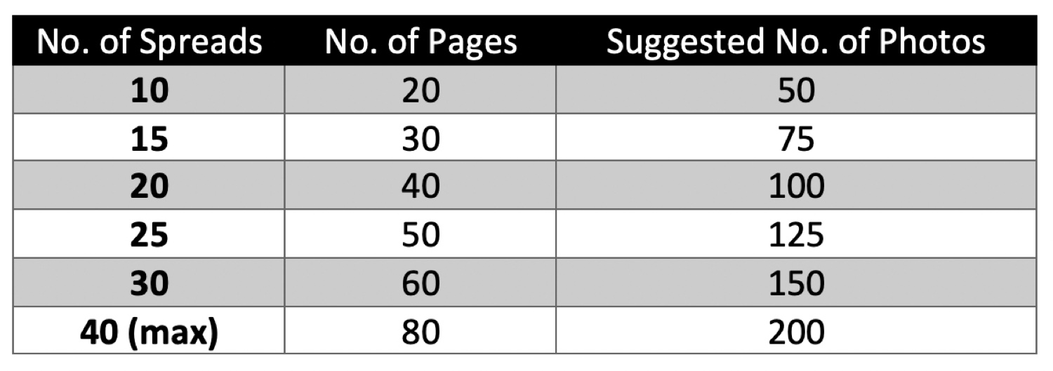 A table showing the number of pages and the number of photos.